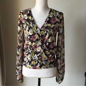 White House Black Market Sheer Wrap Long Sleeve Floral Blouse Size XS
